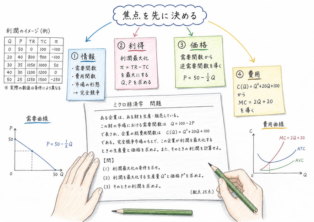 長い問題文を情報、利得、価格、費用の4軸で読む手書き図解