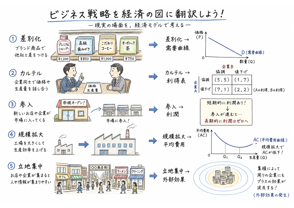 企業経営理論の言葉を経済学の曲線や表に置き換える手書き図解