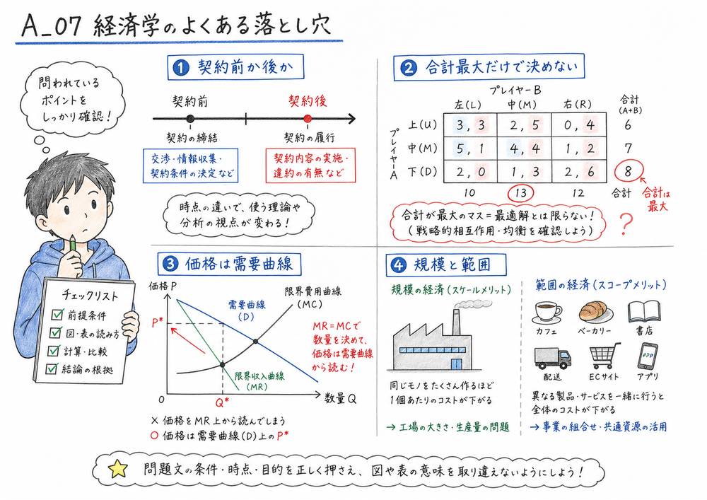 A_07で混同しやすい時間軸、利得表、独占価格、規模と範囲を確認する手書き図解
