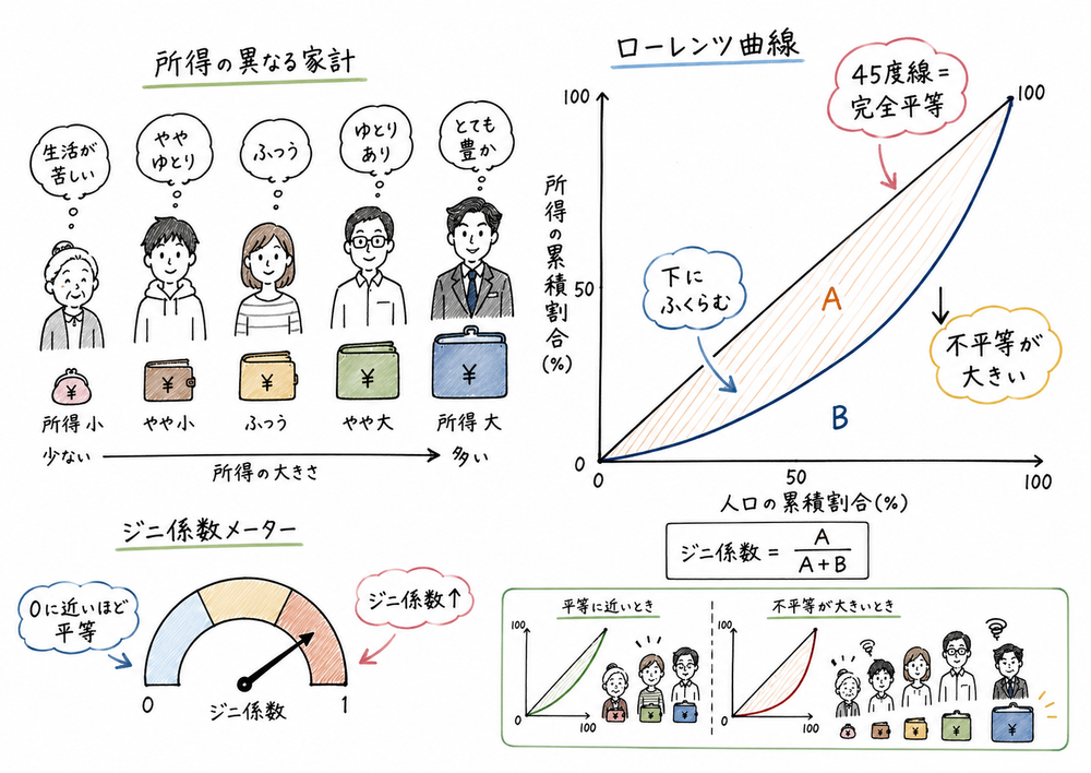 ローレンツ曲線とジニ係数で所得格差を読む図