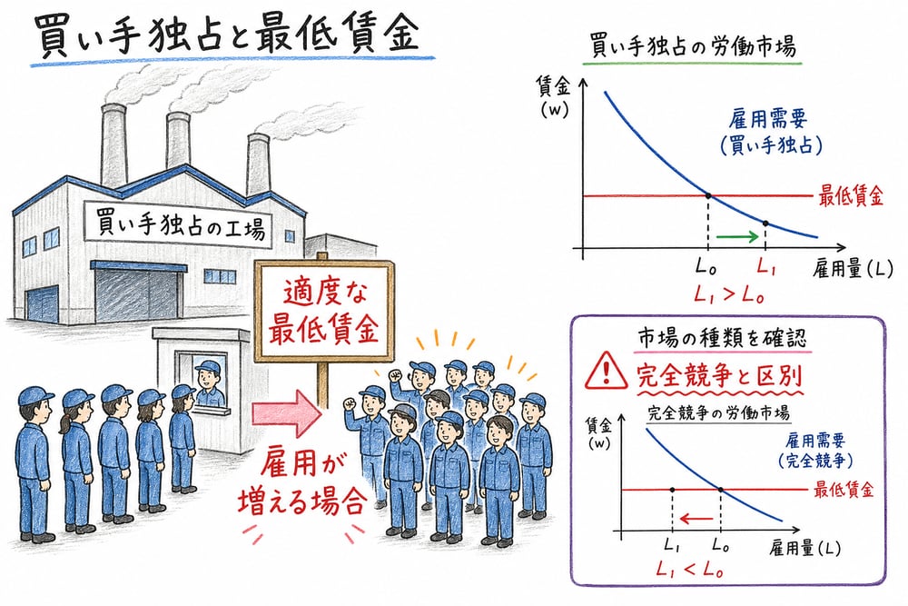 買い手独占と最低賃金を整理する図解