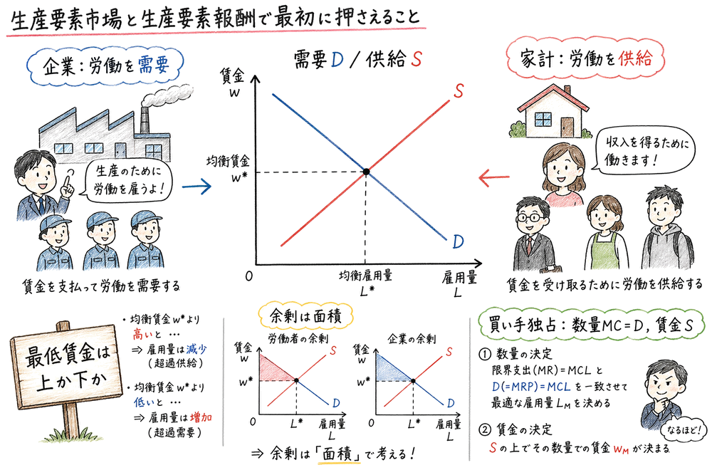 生産要素市場で企業が労働を需要し家計が供給する関係を整理する図