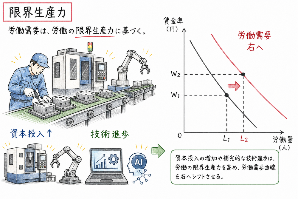 労働需要と限界生産力の関係を整理する図解