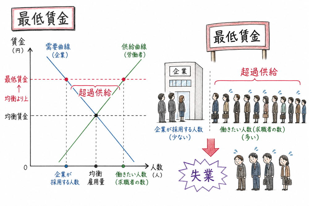 最低賃金と超過供給を整理する図解