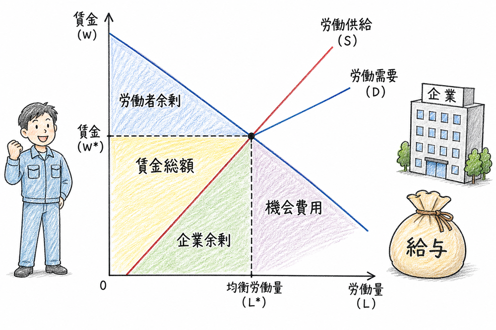労働市場の余剰と面積を整理する図解