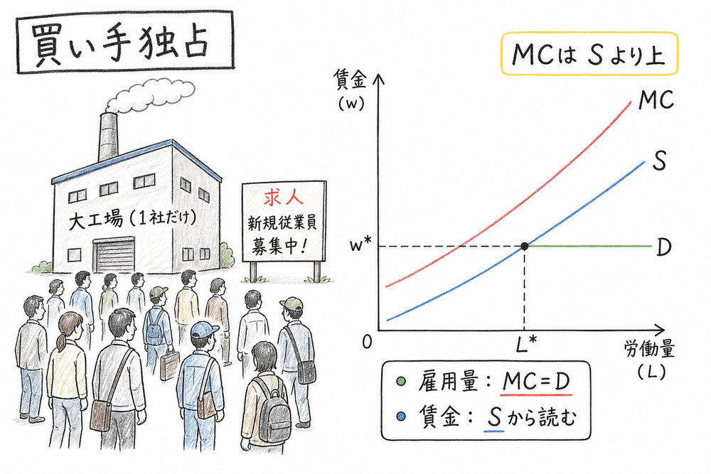 買い手独占の労働市場を整理する図解