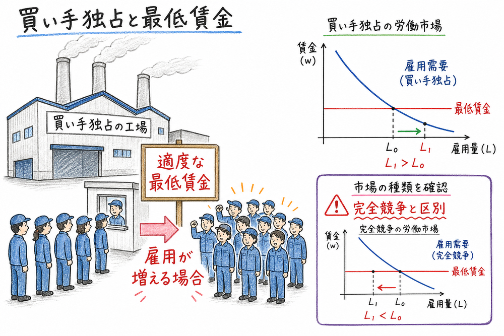 買い手独占と最低賃金を整理する図解