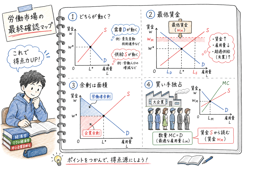 労働市場の需要供給や余剰や買い手独占の読み方を確認する図