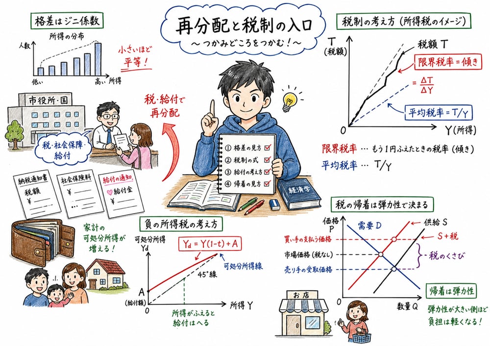 所得再分配と税制で最初に押さえる税給付や可処分所得や弾力性を整理する図