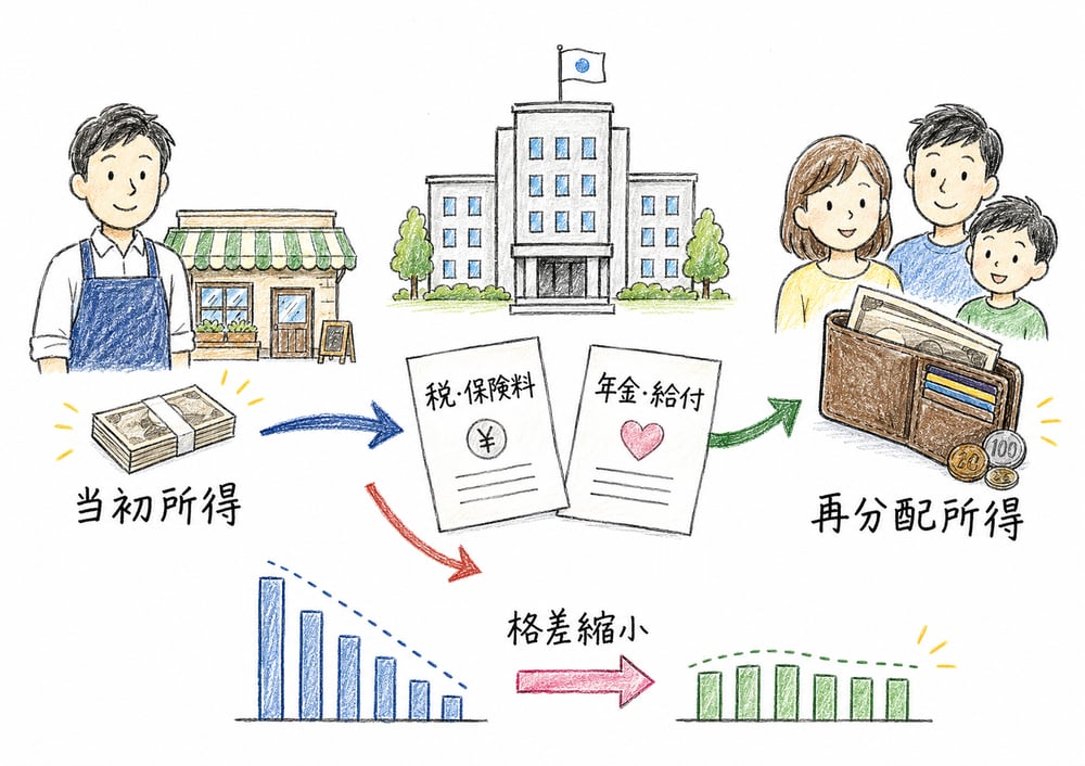 当初所得から税・社会保険料と給付を通じて再分配所得へ変わる流れの手書き風図解