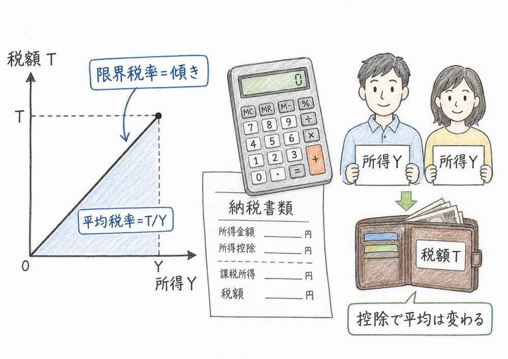課税線の傾きが限界税率で、税額を所得で割るのが平均税率であることを示す手書き風図解