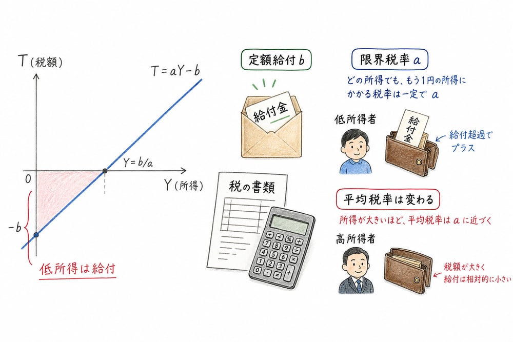 定率課税と定額給付を組み合わせると低所得では給付超過になり得ることを示す手書き風図解