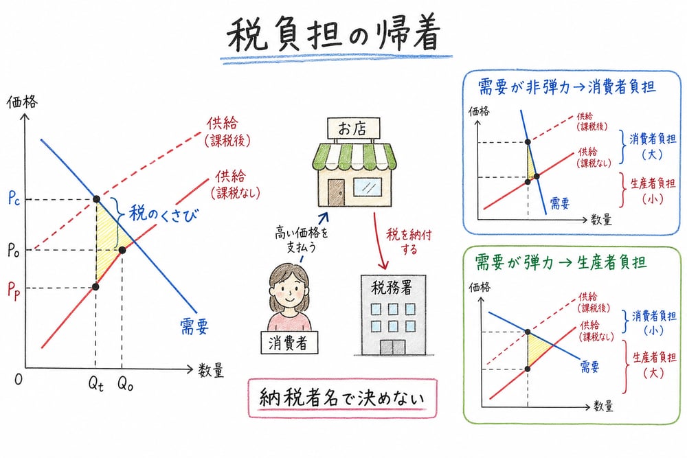 税負担の帰着は納税義務者ではなく需要と供給の弾力性で決まることを示す手書き風図解