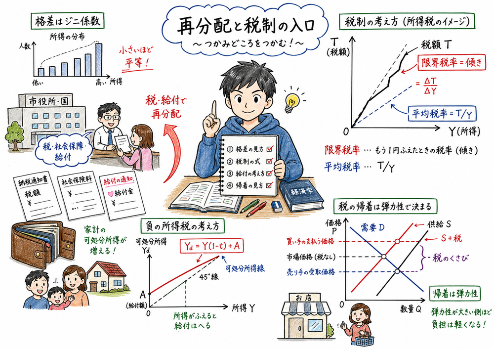 所得再分配と税制で最初に押さえる税給付や可処分所得や弾力性を整理する図