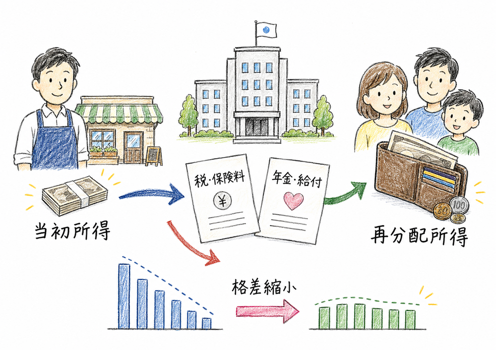 当初所得から税・社会保険料と給付を通じて再分配所得へ変わる流れの手書き風図解