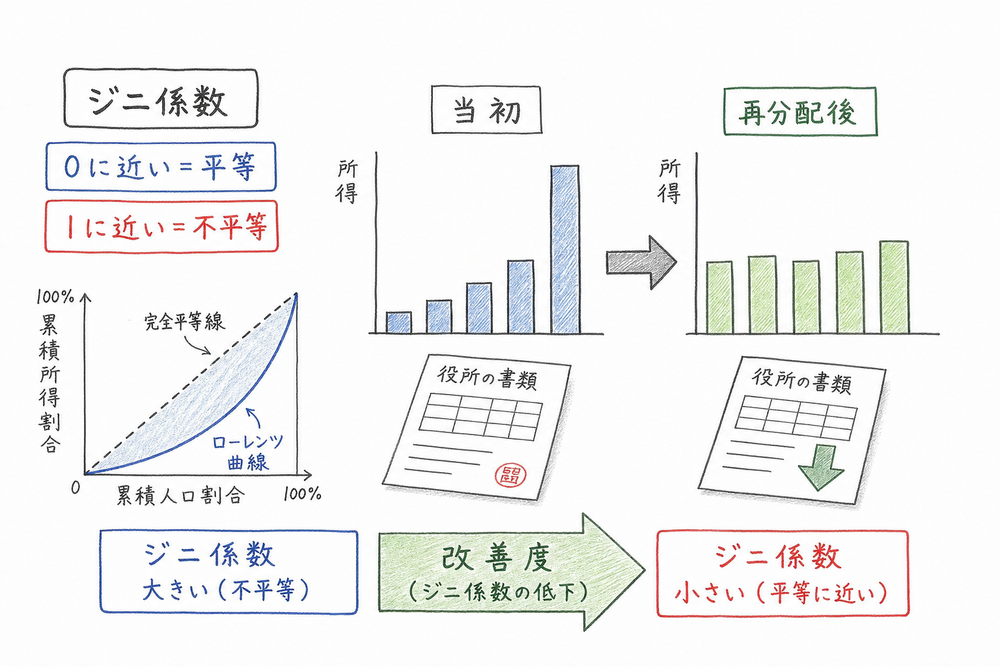 ジニ係数は小さいほど平等で、再分配後に下がると改善度が生じることを示す手書き風図解