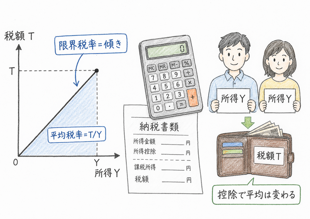 課税線の傾きが限界税率で、税額を所得で割るのが平均税率であることを示す手書き風図解