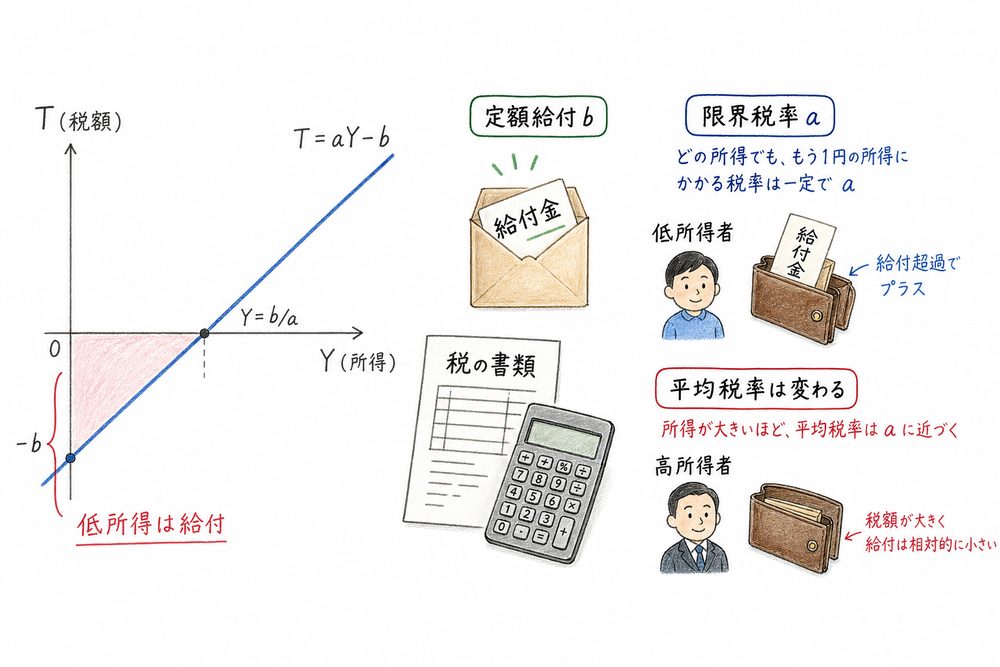 定率課税と定額給付を組み合わせると低所得では給付超過になり得ることを示す手書き風図解