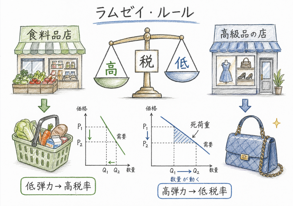 弾力性が低い課税ベースほど高税率にするというラムゼイ・ルールの手書き風図解