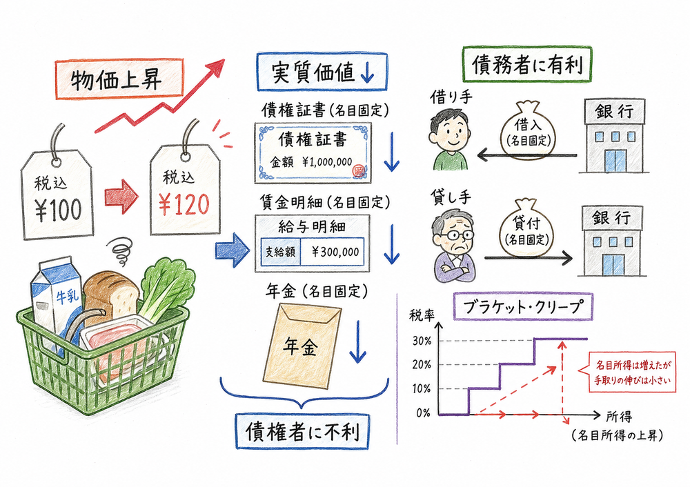 インフレが名目固定所得、債務者と債権者、税率区分に与える影響の手書き風図解