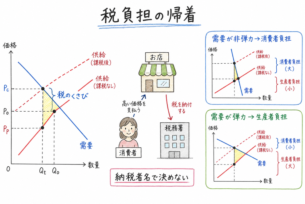 税負担の帰着は納税義務者ではなく需要と供給の弾力性で決まることを示す手書き風図解