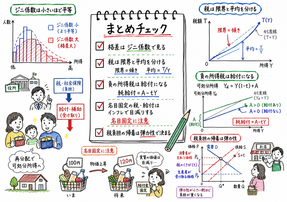 税と給付のまとめとしてジニ係数や平均税率や純給付を確認する図