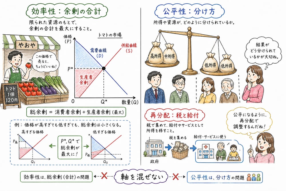 効率性と公平性を別の評価軸として分けて読む図解