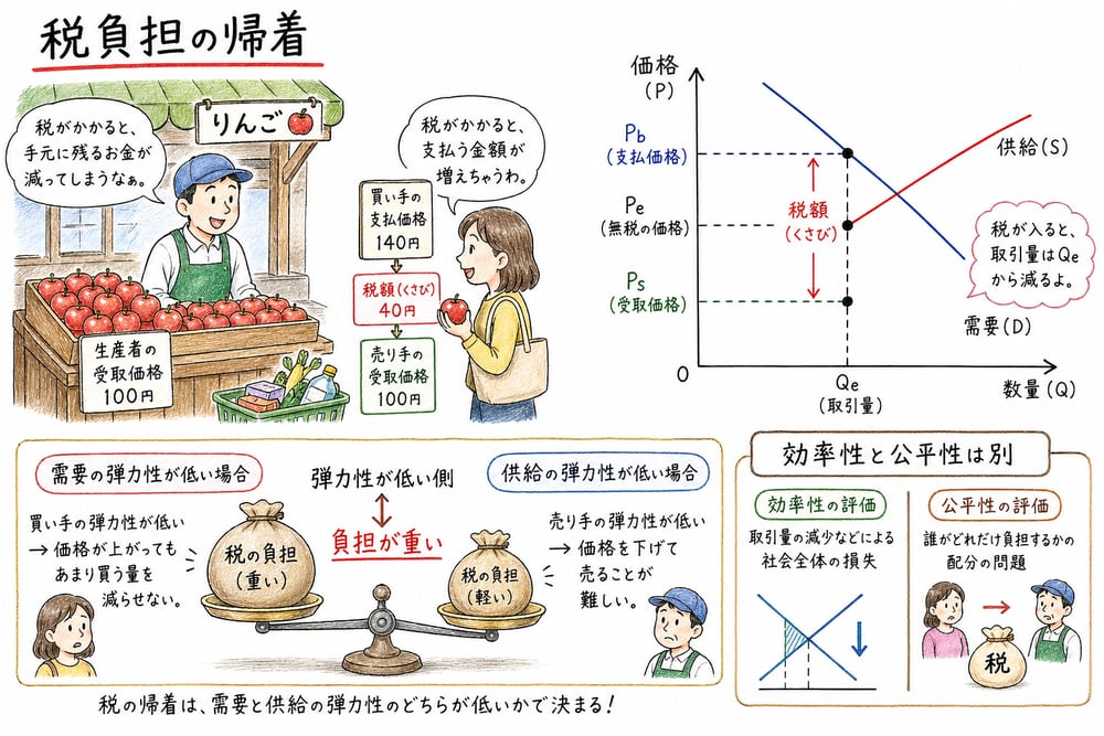 弾力性が低い側ほど税負担が重くなることを示す図解
