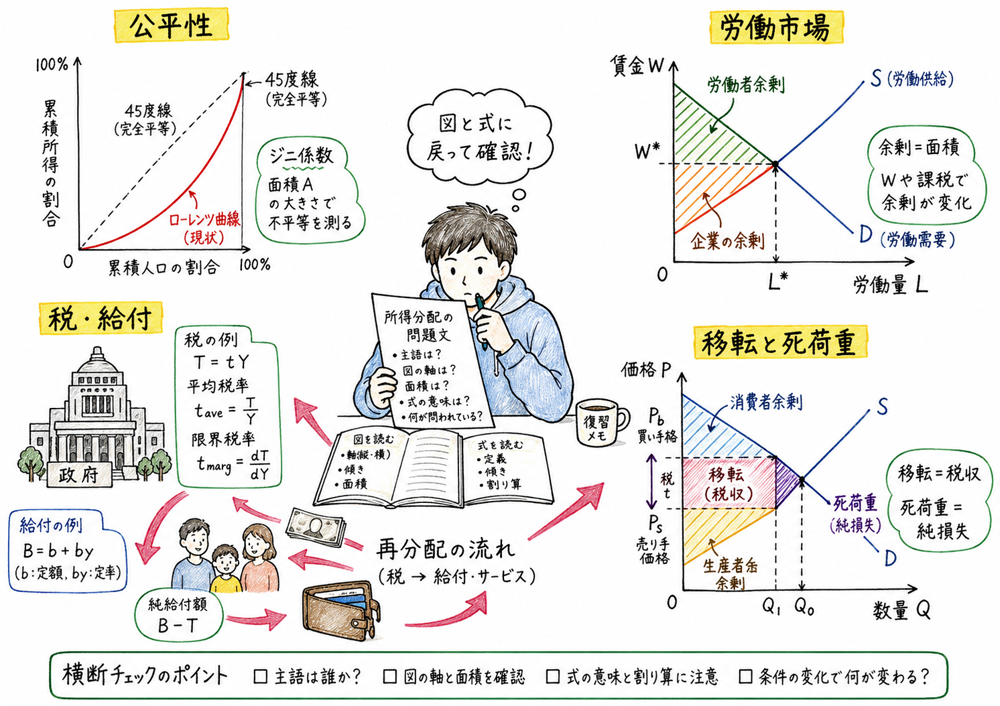 所得分配の横断復習で公平性、労働市場、税給付、移転と死荷重へ戻る手書き風図解