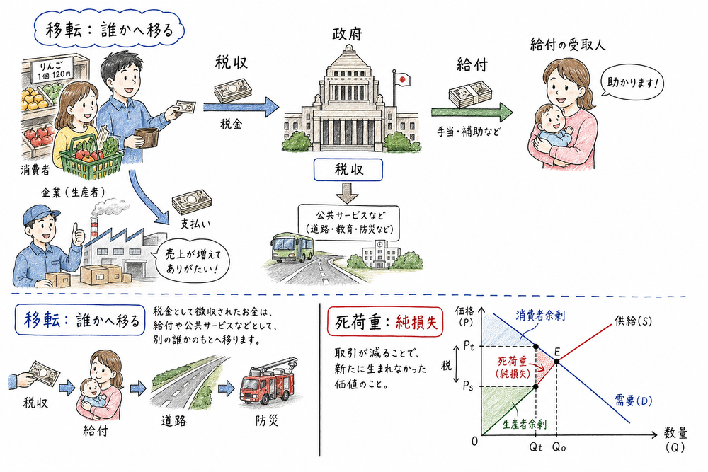 税収や給付として移る面積と死荷重を区別する図解