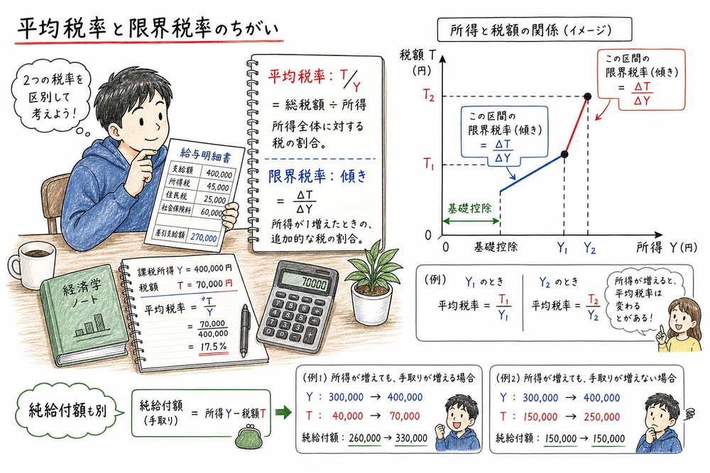 平均税率と限界税率を傾きと割り算で区別する図解