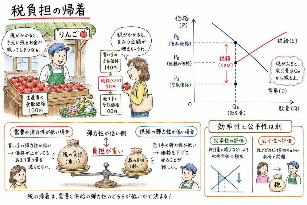 弾力性が低い側ほど税負担が重くなることを示す図解