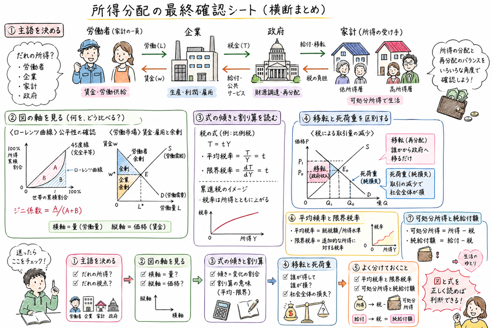 A_08横断の最終確認として主語、図の軸、式、移転と死荷重を確認する手書き風図解