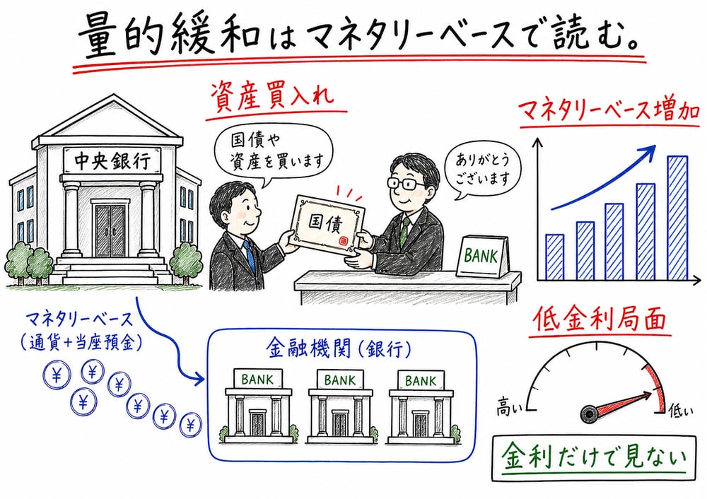 中央銀行の資産買入れとマネタリーベース増加を金利だけで見ないと示す図解