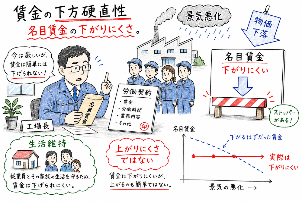 名目賃金が景気悪化や物価下落でも下がりにくいことを示す図解