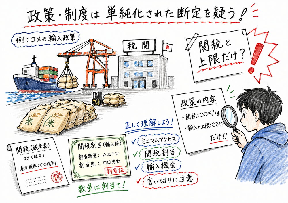 コメ輸入制度を例に関税と上限だけという単純化を疑い、関税割当や輸入機会を見る図解