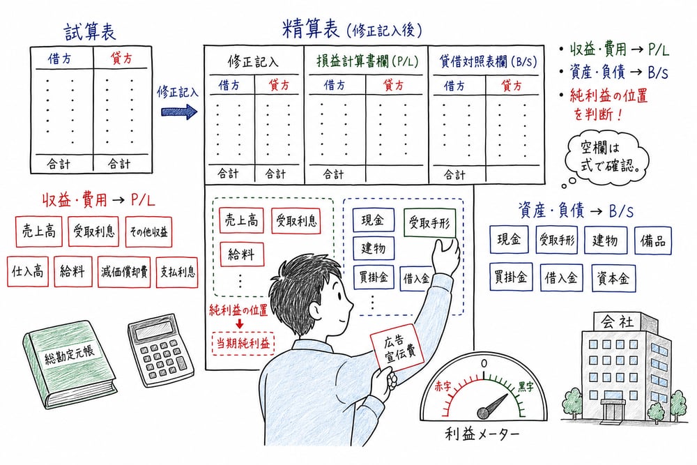取引を勘定科目に言い換え、帳簿から財務諸表へつなげる流れの図解