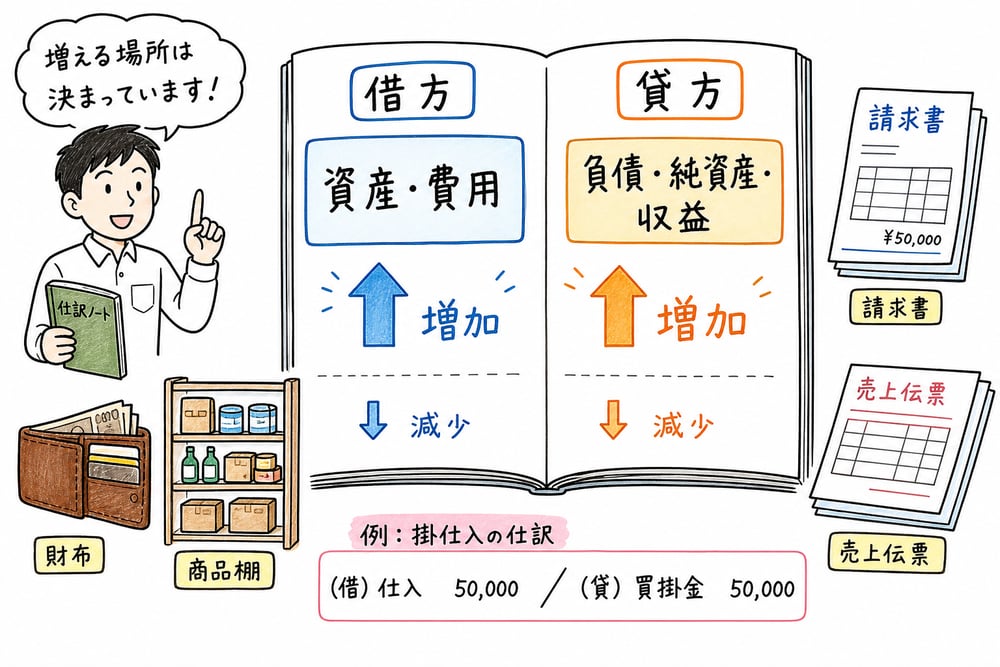 資産・費用と負債・純資産・収益の増加を借方貸方に置く考え方の図解