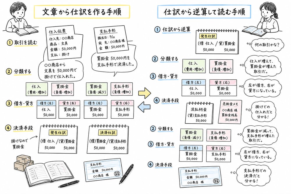 文章から仕訳を作り、仕訳から取引内容を読む手順の図解