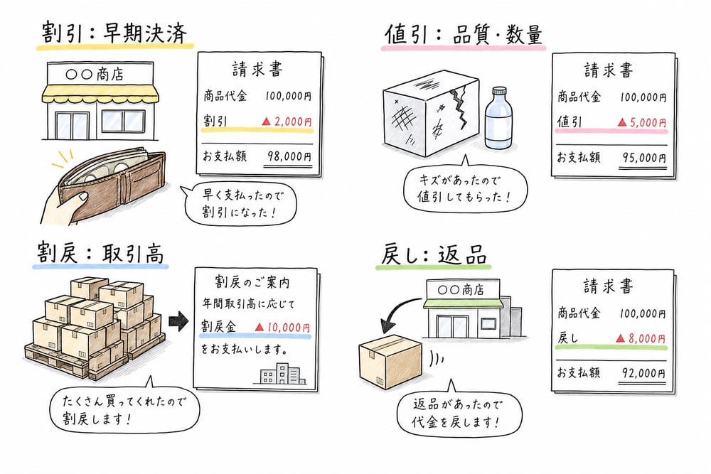 割引・値引・割戻・戻しを代金が減った理由で区別する図解