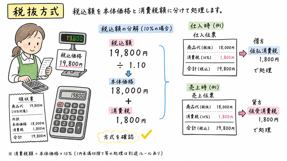 税抜方式で税込額を本体価格と消費税に分ける処理の図解