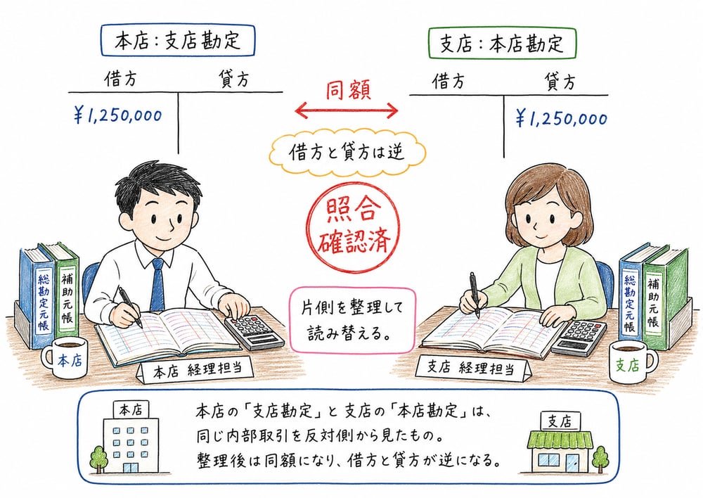 本店集中計算制度で記帳主体と相手勘定を確認する図解