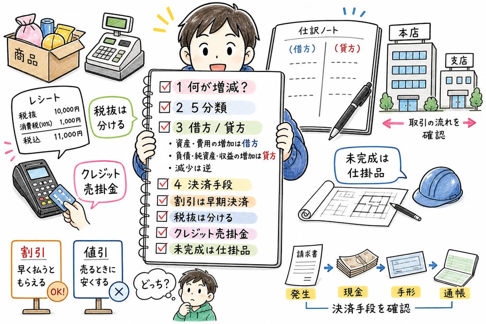 仕訳問題を解くときの確認順序と簿記原理のひっかけを整理したまとめ図解