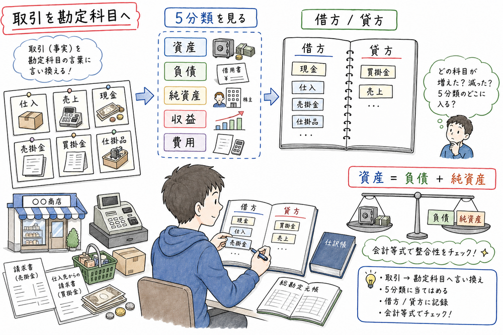 簿記原理で最初に押さえる取引、5分類、借方貸方、会計等式の判断軸をまとめた図解