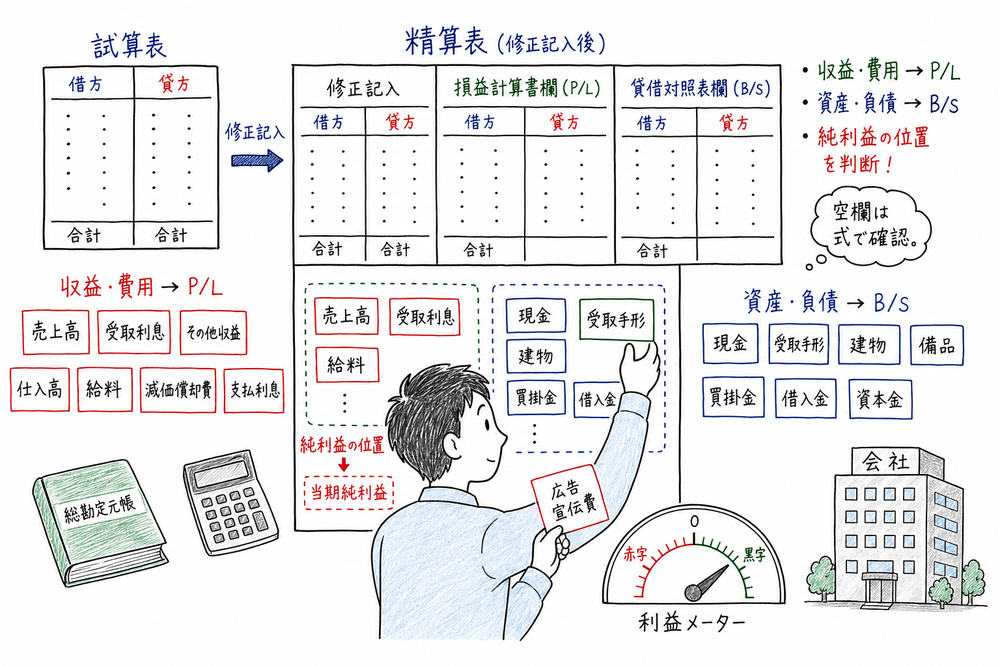 取引を勘定科目に言い換え、帳簿から財務諸表へつなげる流れの図解