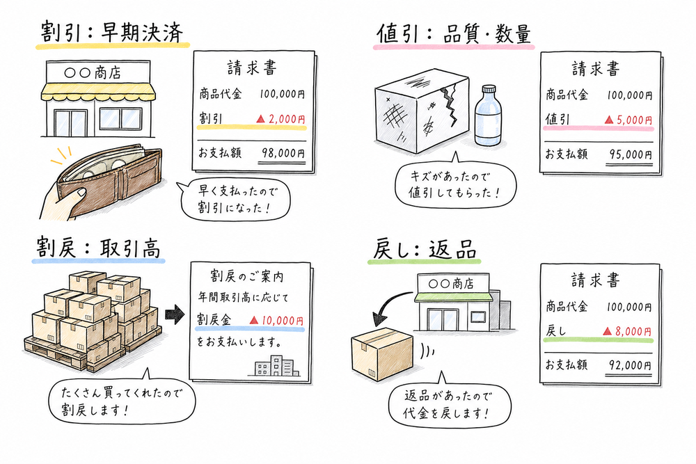 割引・値引・割戻・戻しを代金が減った理由で区別する図解