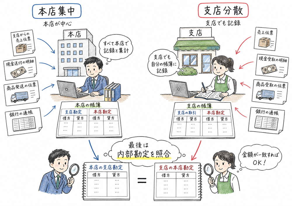 本店集中計算制度で記帳主体と相手勘定を確認する図解