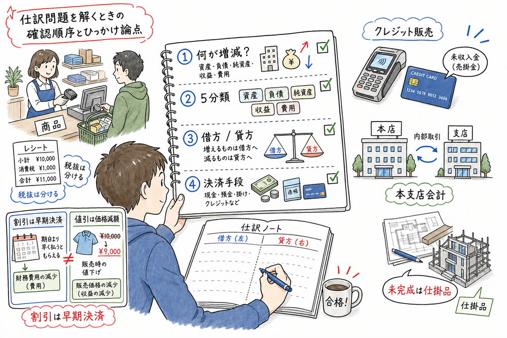 仕訳問題を解くときの確認順序と簿記原理のひっかけを整理したまとめ図解