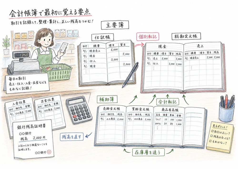 主要簿、補助簿、個別転記、合計転記、商品有高帳、残高調整を会計帳簿の要点としてまとめた図解