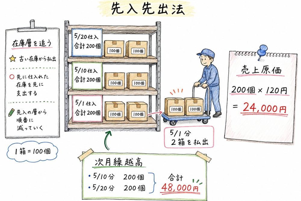 先入先出法で古い在庫層から払出し売上原価と次月繰越高を求める図解